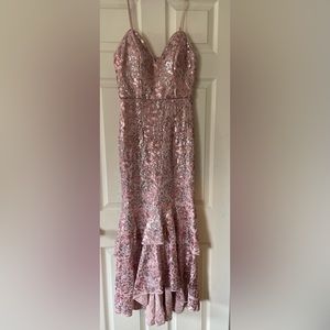 Betsy & Adam floor length mermaid style lace and sequin accented gown